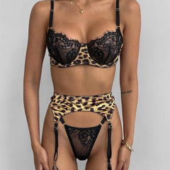 Leopard Print Stitching Lace See-through Three-piece Set