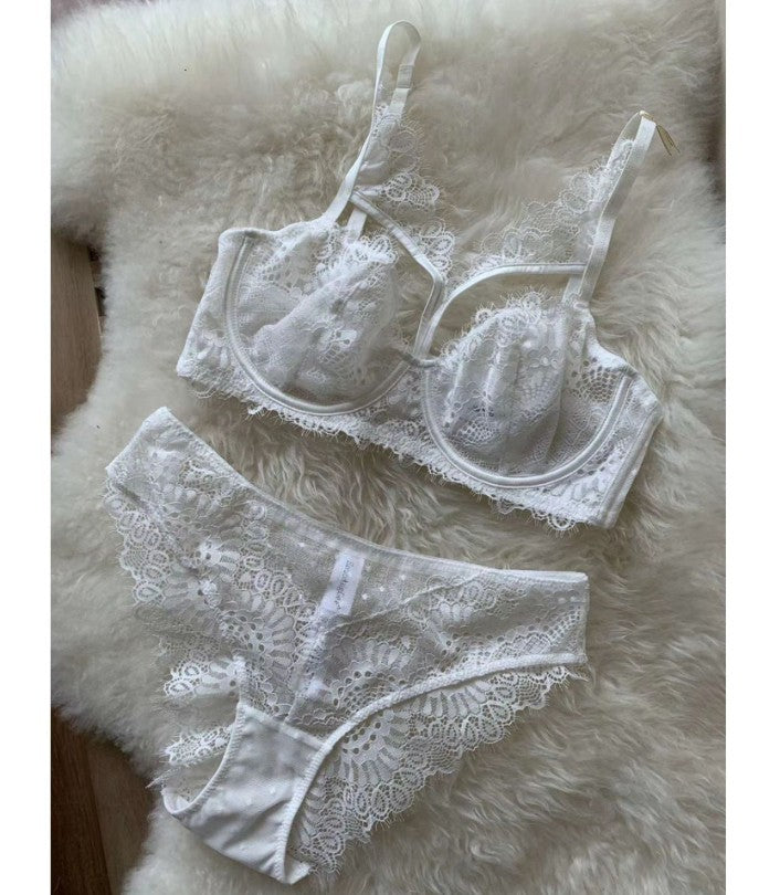 Ultra-thin  lace embroidery hollow bra set