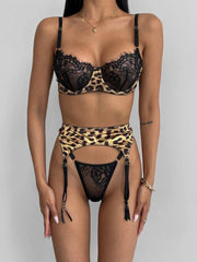 Leopard Print Stitching Lace See-through Three-piece Set