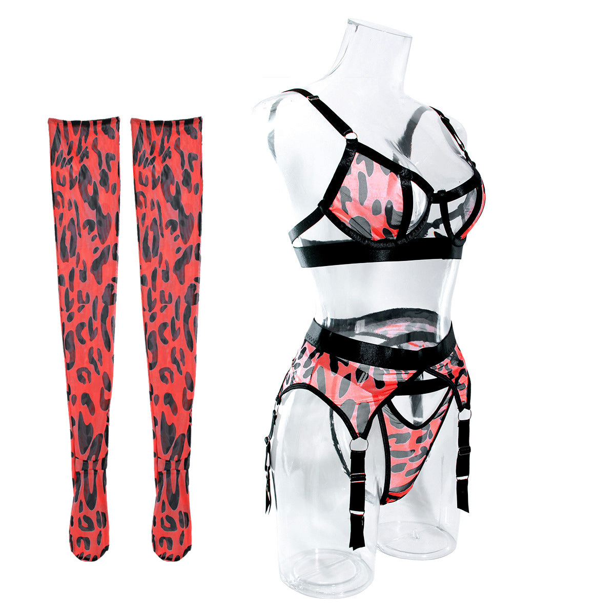 Wild Leopard Print Mesh with Stockings Set